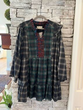 Anthropologie Green Plaid Long-Sleeve Dress with Red Trim